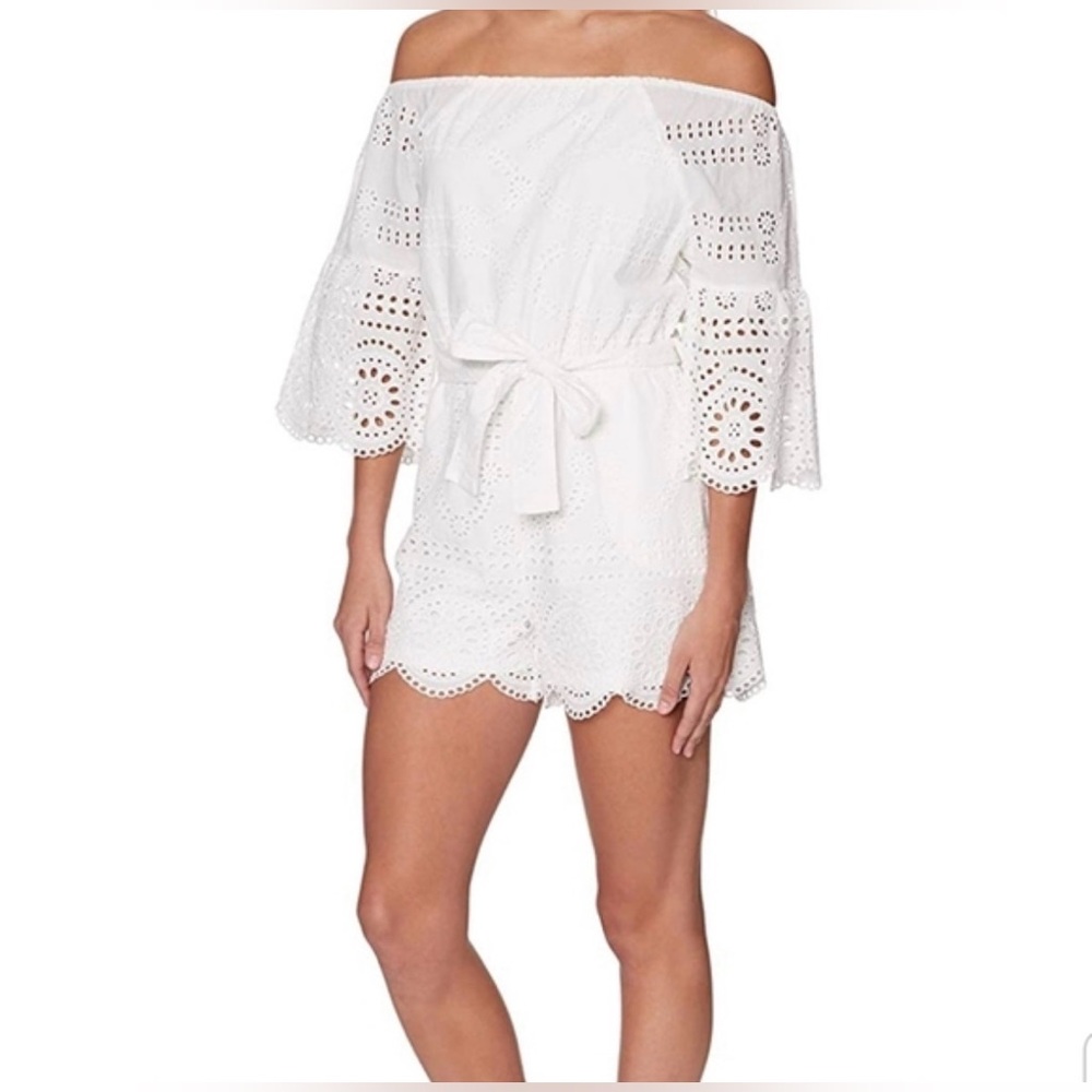 Sperry Off The Shoulder Eyelet Romper White Lace Belted Summer Romper Medium